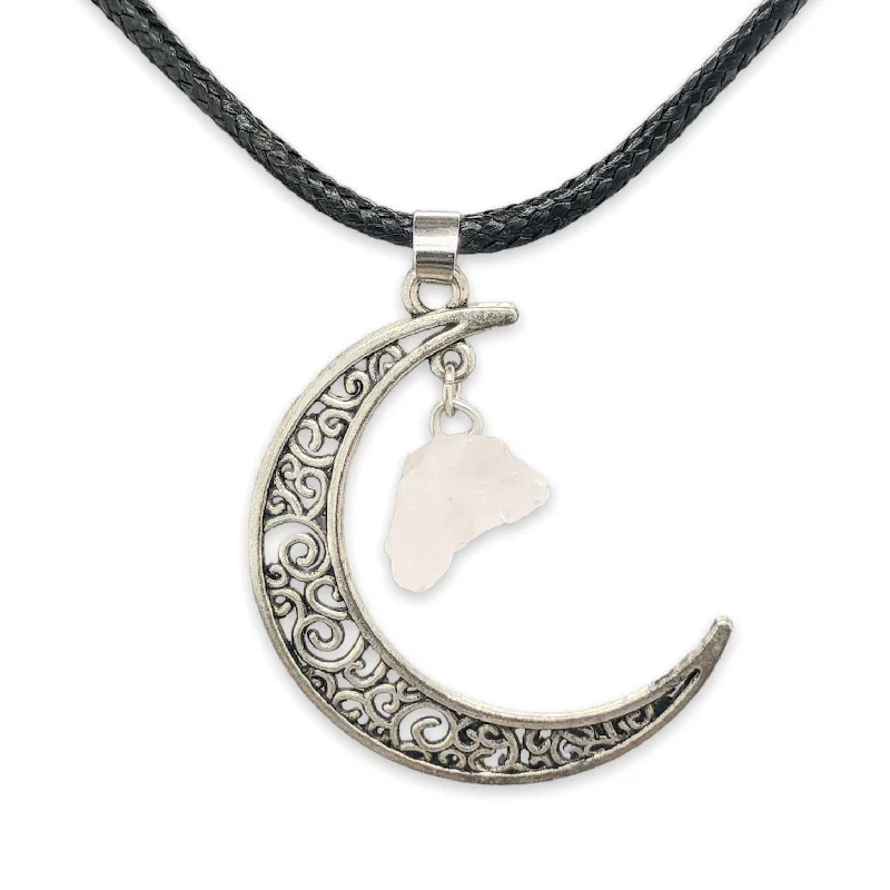 Linked knot necklaces-Silver Plate Rose Quartz & Black Leather Moon Necklace