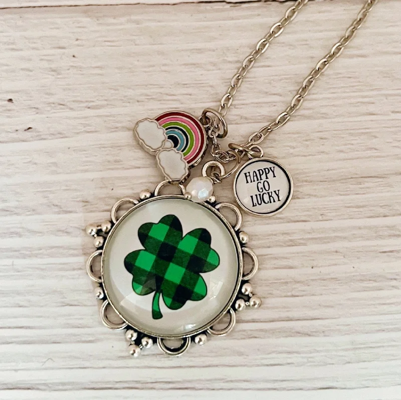 Woven tribal necklaces-Plaid Shamrock Necklace Happy Go Lucky Charm