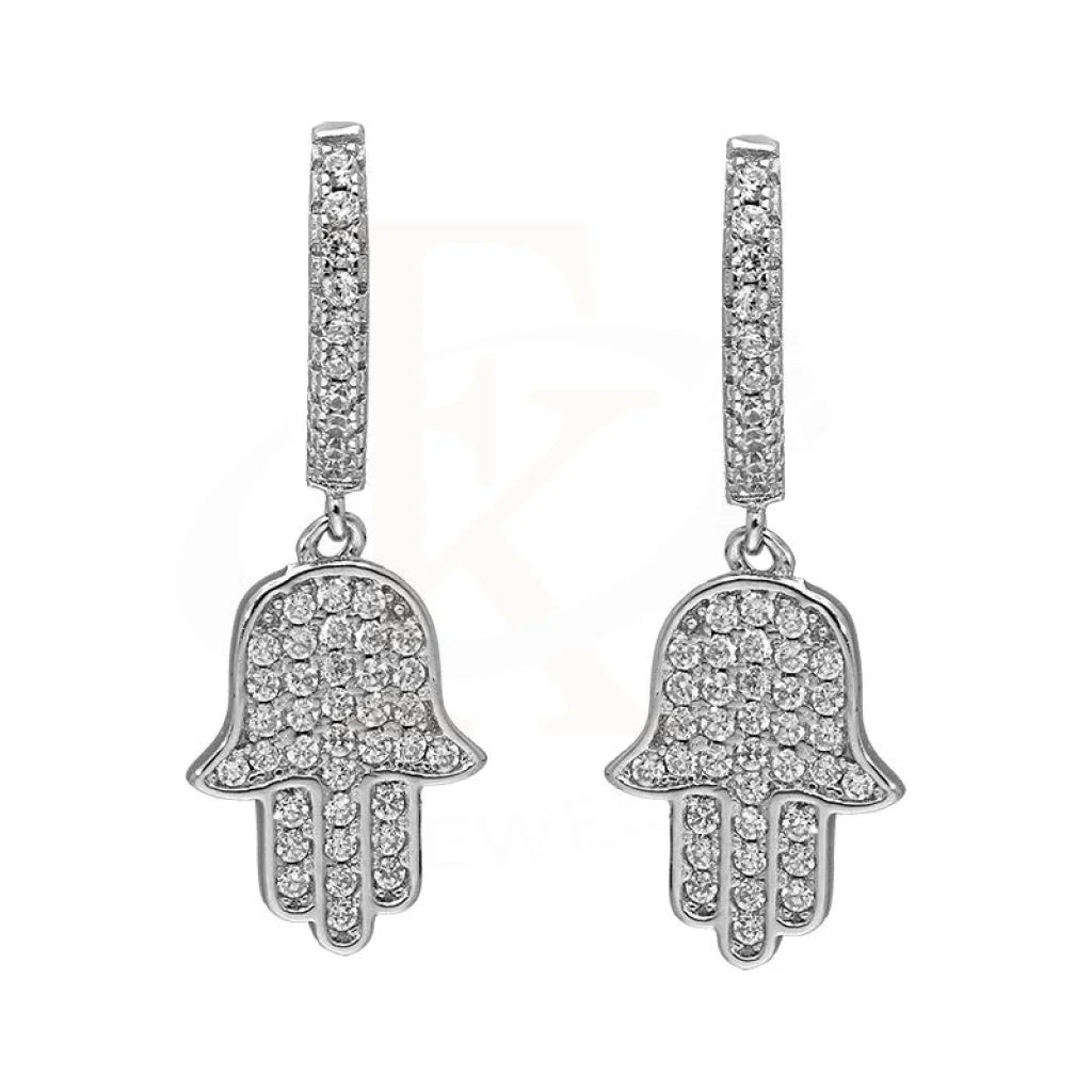 Thick hoop earrings-Sterling Silver 925 Hamsa Hand Drop Earrings - FKJERNSL2477