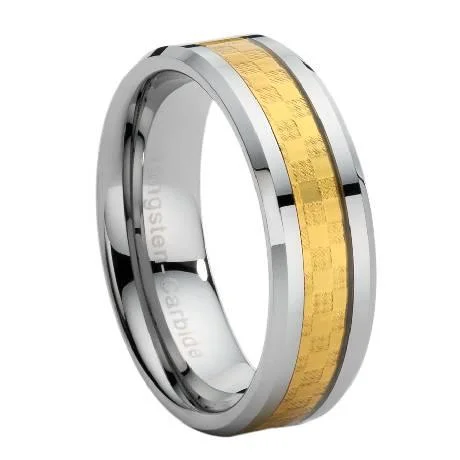 Heritage cameo rings-Tungsten Carbide Ring with Gold Carbon Fiber Inlay-8mm