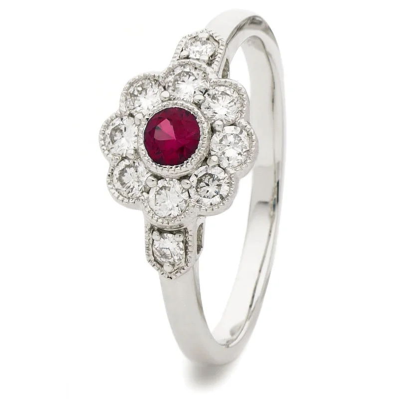 Round gem rings-18ct White Gold Ruby Deco Cluster Ring