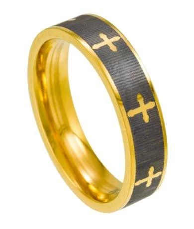 Linked design rings-Titanium and Gold Plated Men's Cross Ring with Polished Edges| 6mm