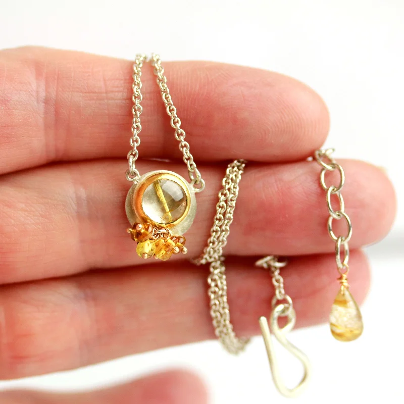 Planetary sign necklaces-Tiny Golden Rutilated Quartz with Yellow Sapphire and Tourmaline Cluster Necklace