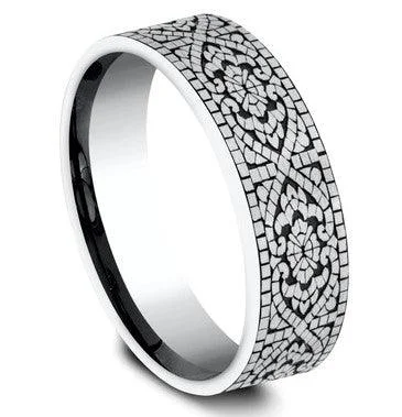 Shining diamond rings-Designer 14KW Gold Mosaic Comfort Fit 7mm Men's Ring