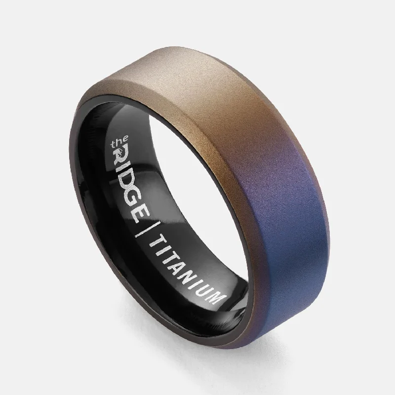 Broad gold rings-Ridge 8mm Beveled Ring Set - Burnt Titanium