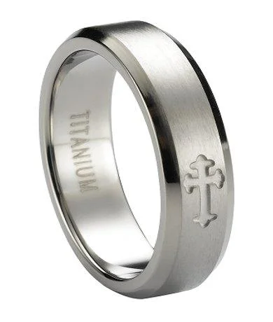 Jasper inlay rings-Satin-Finished Men's Titanium Ring Single Cross and Beveled Edges | 6mm