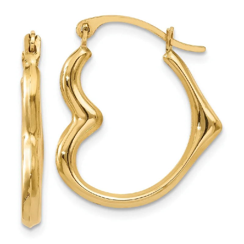 Angled drop earrings-Sideways Heart Hoop Earrings in 14k Yellow Gold