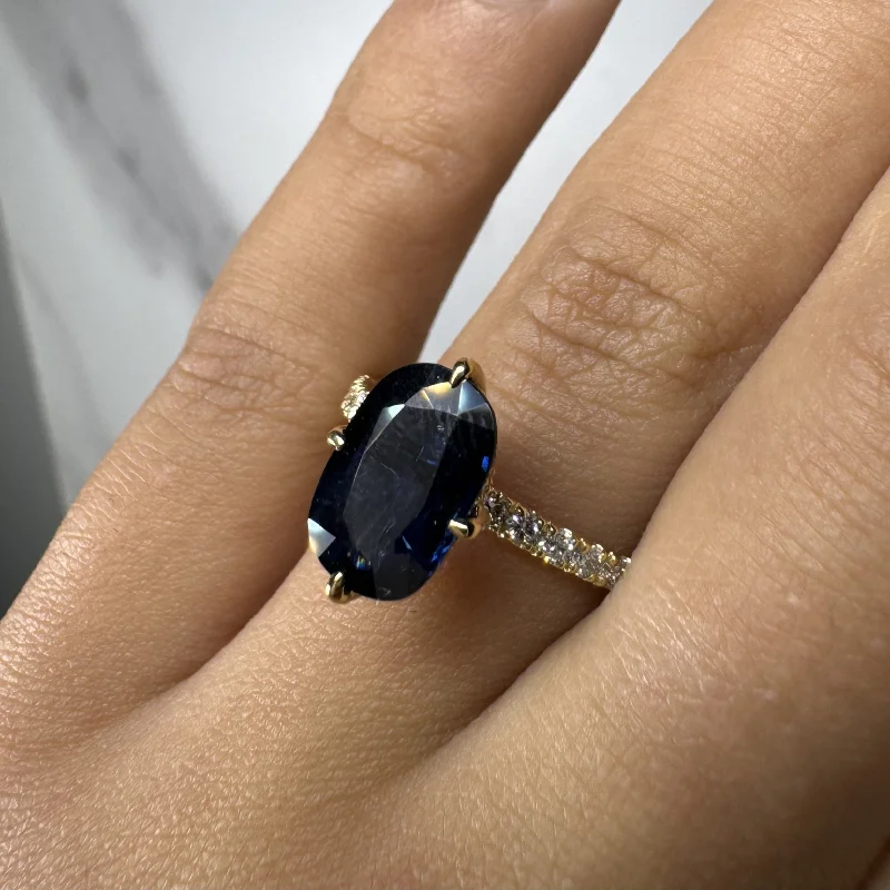 Cultured pearl rings-"Dorie" Blue Sapphire 4 Carat Under Halo Diamond Shoulder Gemstone Ring