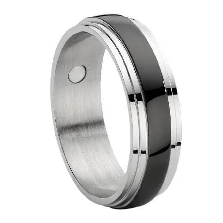 Sculpted band rings-Stainless Steel Magnetic Ring With Black Enamel Inset-8mm