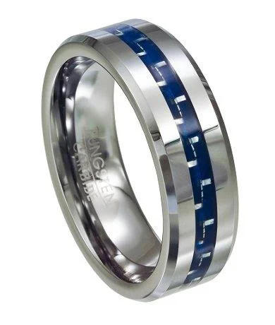 Hand-crafted rings-Tungsten and Blue Carbon Fiber Polished Ring with Beveled Edge | 8mm