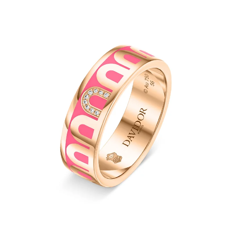 Wave theme rings-L’Arc de DAVIDOR Ring MM, 18k Rose Gold with Flamant Lacquered Ceramic and Porta Simple Diamonds