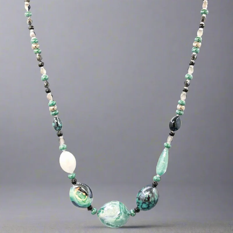 Faith cross necklaces-STST Black, silver & Turquoise green Murano Glass Graduated Beaded Necklace