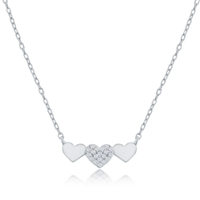 Stamped name necklaces-SS Triple Heart CZ Bar Necklace