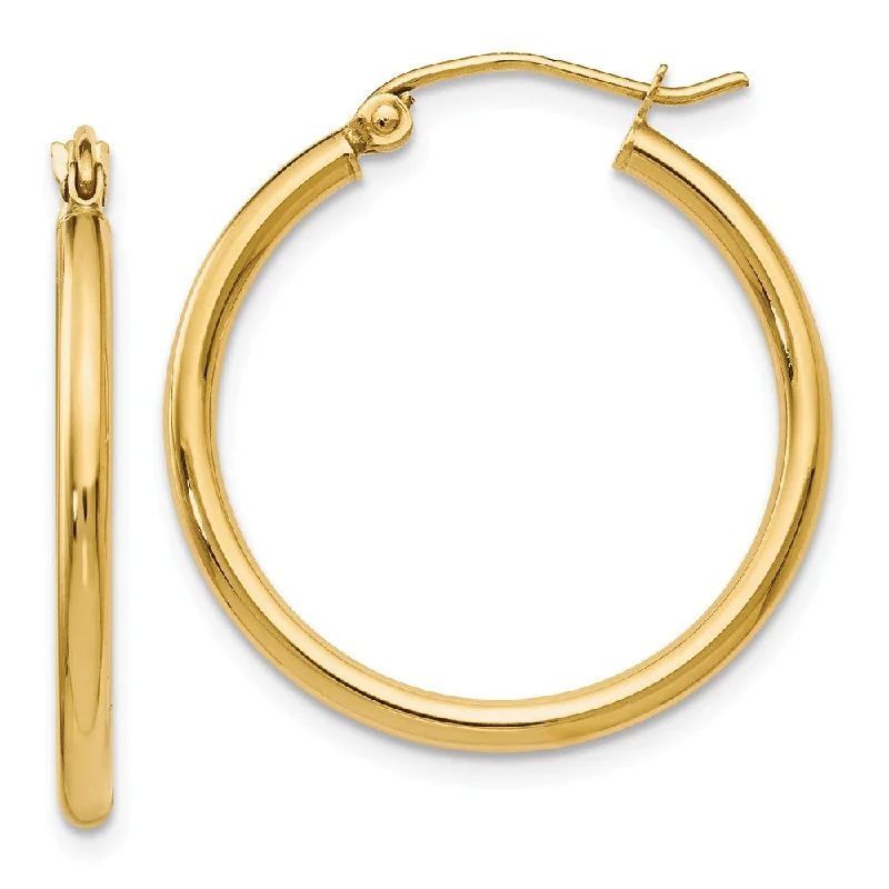 Woven bead earrings-2mm Round Hoop Earrings in 14k Yellow Gold, 25mm (1 Inch)