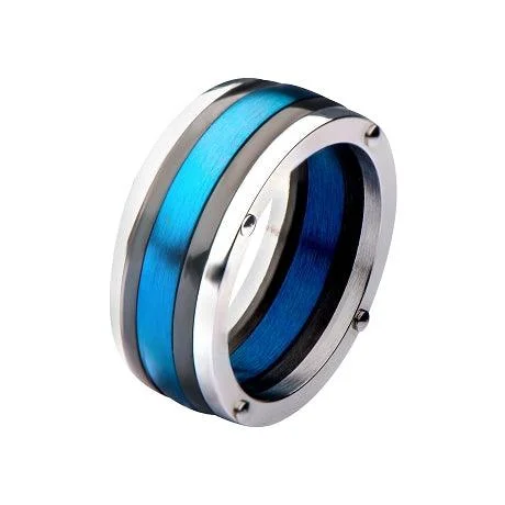 Regency style rings-Steel, Black IP & Blue IP Polished Ring-8mm