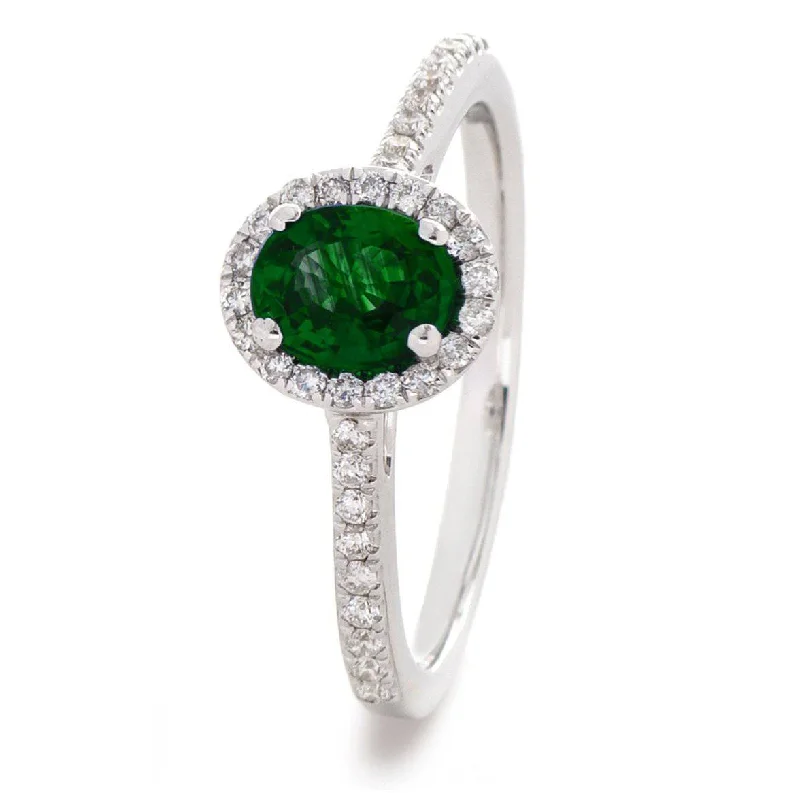 Bead ridge rings-Oval Emerald with Diamond Halo Ring