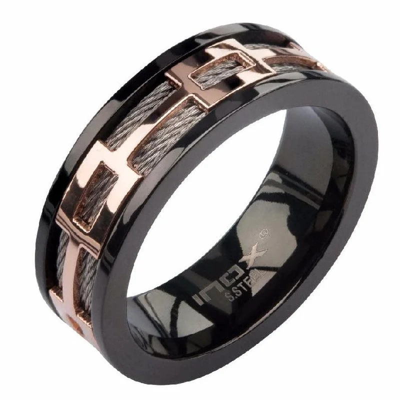 Detailed filigree rings-Rose Gold Plated  Window Plated Black Stainless Cable Ring -7.93mm