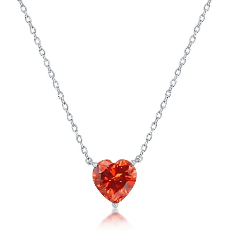 Raw wood necklaces-SS 8MM Orange CZ Heart Necklace