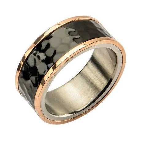 Vibrant enamel rings-Stainless Steel Tri-Tone Hammered Finish Ring-11mm