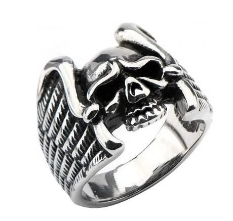 Owl feather rings-Men's Stainless Steel Black Oxidized Skull with Wings Ring -38mm