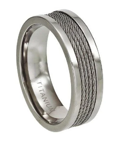 Dove charm rings-Men’s Polished Titanium Ring with Four Center Cables | 8.3mm