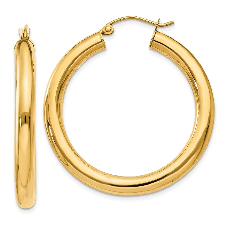 Wave theme earrings-4mm, 14k Yellow Gold Classic Round Hoop Earrings, 35mm (1 3/8 Inch)