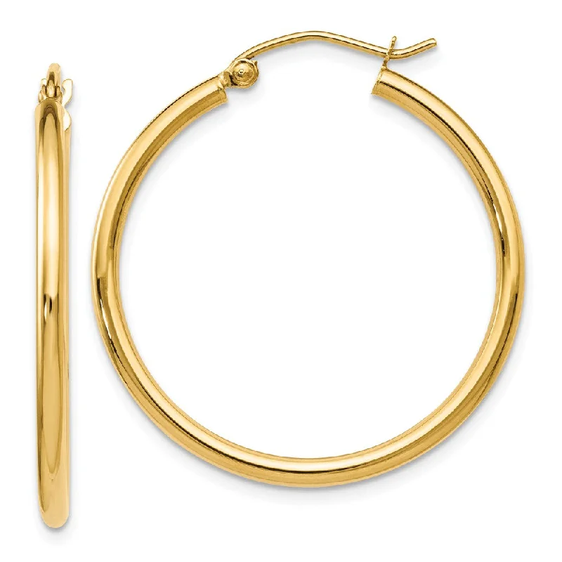 Fine pearl earrings-2mm Round Hoop Earrings in 14k Yellow Gold, 30mm (1 3/16 Inch)