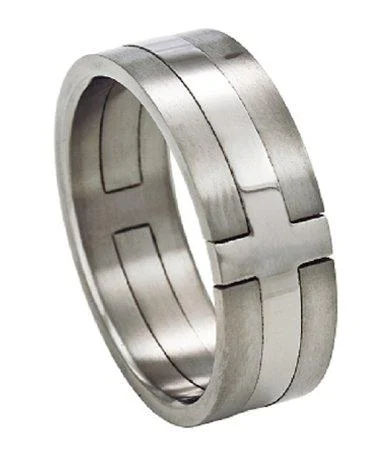 Gem-wrapped rings-Titanium Cross Ring with High Polish and Satin Finish -8mm