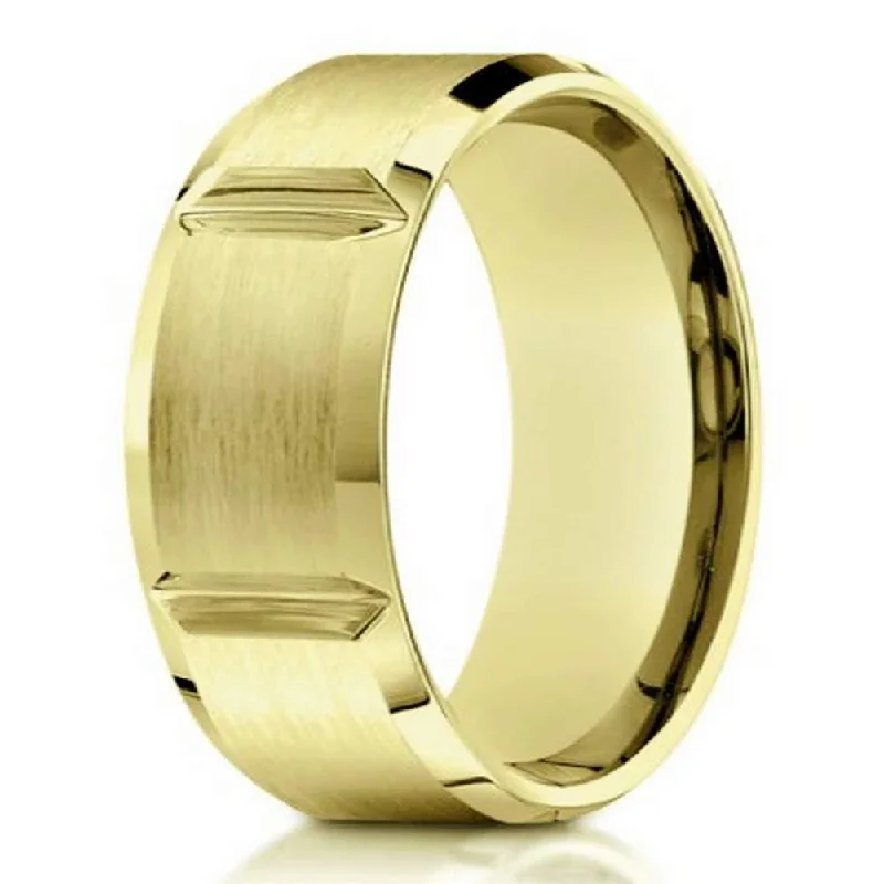 Tidal inlay rings-Designer Men's 10K Yellow Gold Wedding Ring With Grooves | 8mm