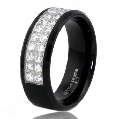 Wave theme rings-8mm Black Stainless Steel Dual CZ Row Ring