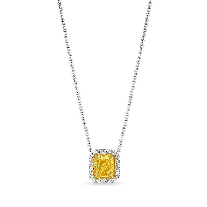 Tourmaline necklaces-Fancy Intense Yellow Radiant Cut Diamond Pendant, 3 CT