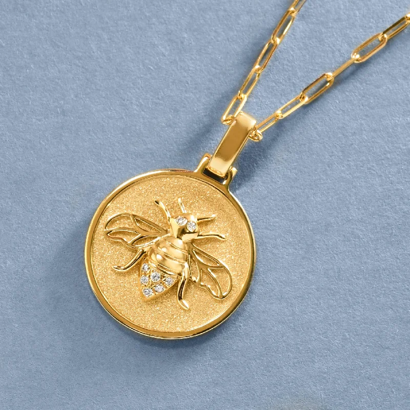 Solar charm necklaces-Gold And Diamond Bee Medallion