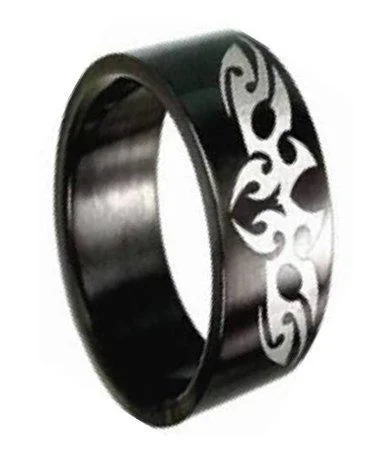 Angled shank rings-Men's Black Stainless Steel Tribal Ring  Design Polished Finish | 8mm