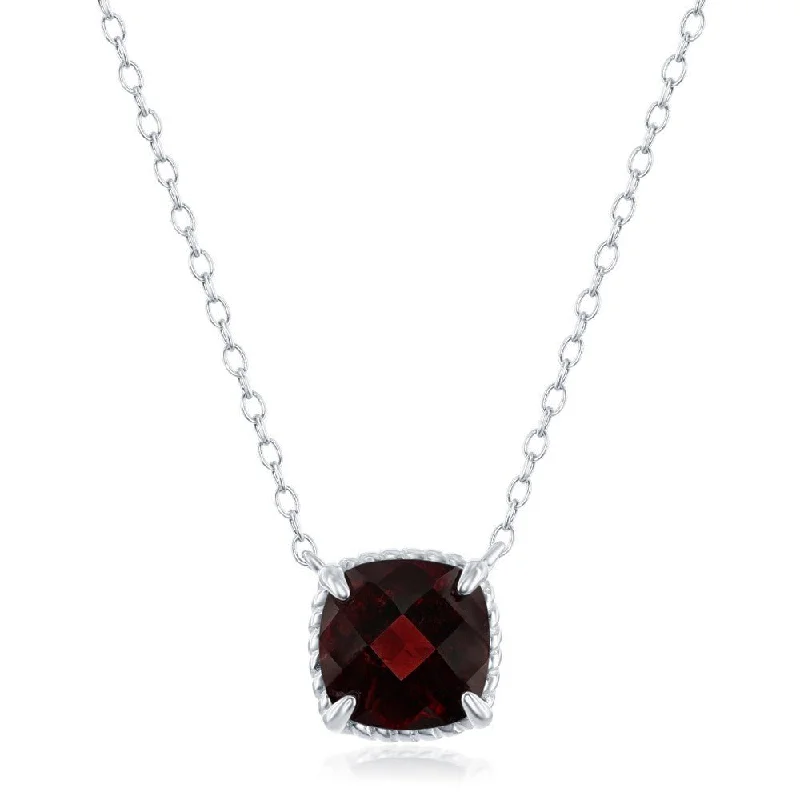 Full moon necklaces-SS 9mm Square Garnet Pendant