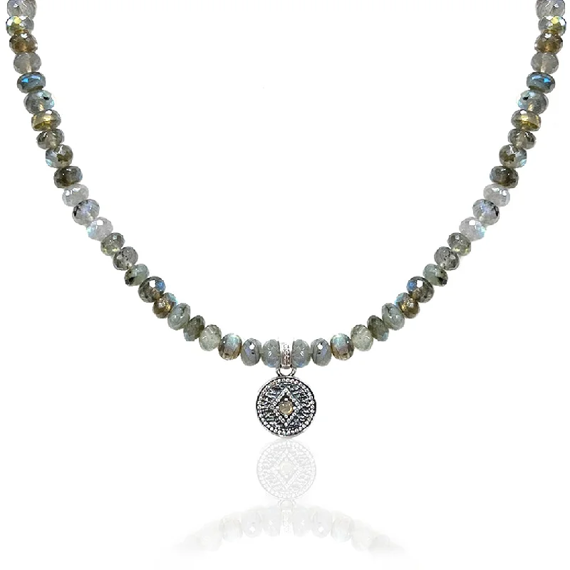 Arched pendant necklaces-VINTAGE SILVER LABRADORITE RONDELLE DISC NECKLACE