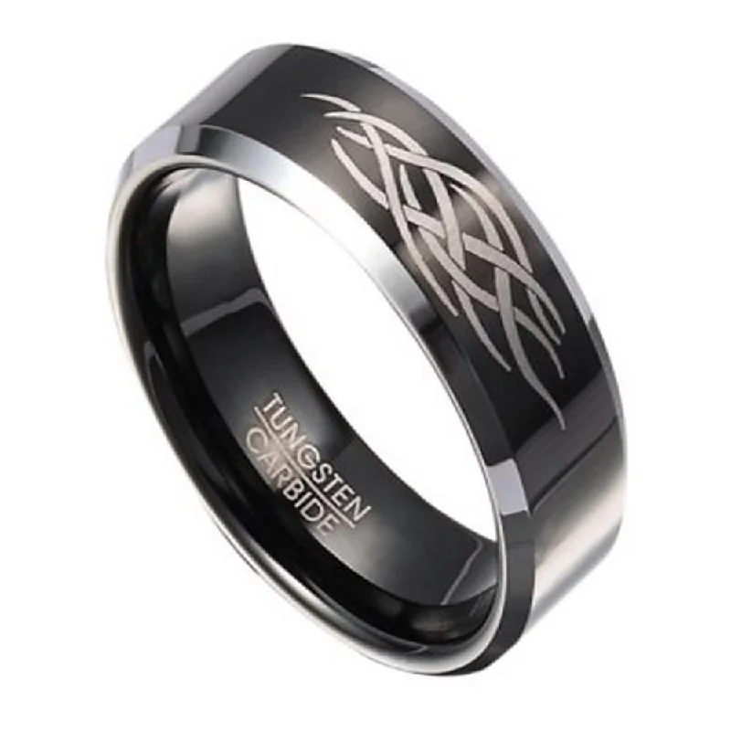 Full moon rings-Black Tungsten Ring for Men with Abstract Flame Design | 8mm