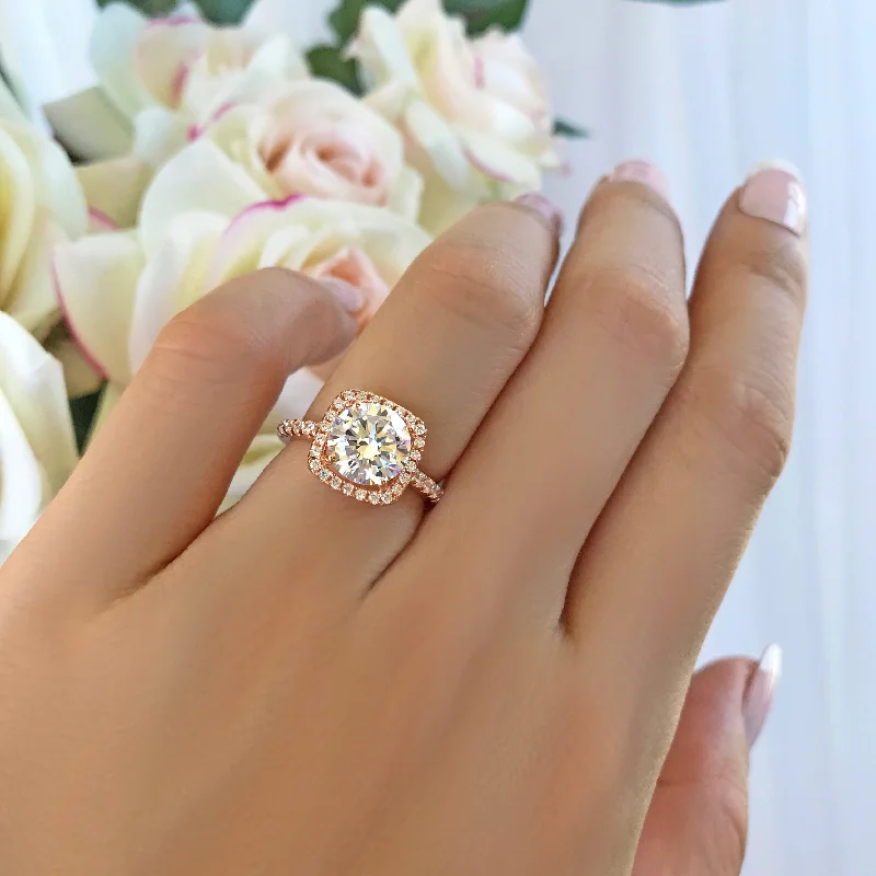 Mixed-tone rings-2.25 ctw Square Halo Ring - Rose GP