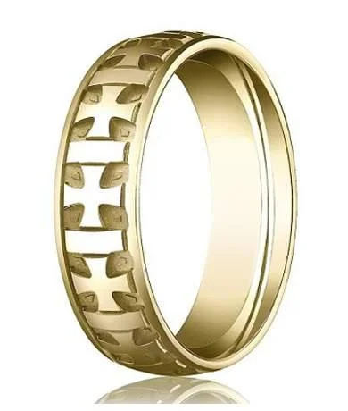 Dual-metal rings-Men's 10K Yellow Gold Wedding Ring With Carved Crosses | 6mm