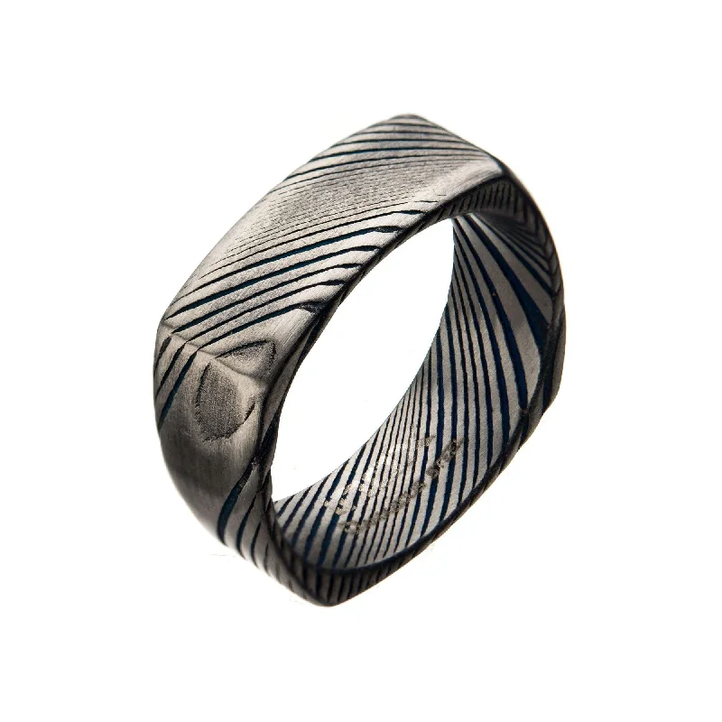 Bead ridge rings-Damascus 8mm Matte Water Print Plated Square Ring