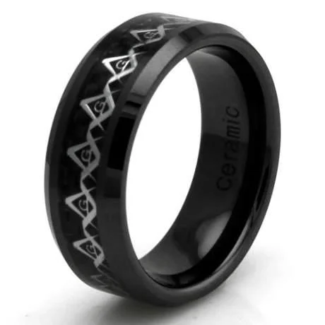 Clear bead rings-Black Ceramic Carbon Fiber Masonic Inlay Ring -8mm