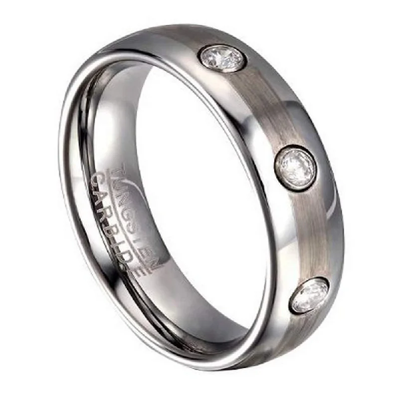 Fine stack rings-Tungsten Wedding Ring for Men with 3 CZ and Rounded Edges | 6mm