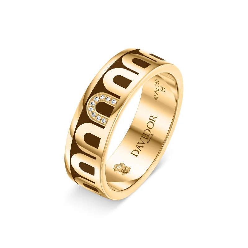 Sculpted band rings-L’Arc de DAVIDOR Ring MM, 18k Yellow Gold with Cognac Lacquered Ceramic and Porta Simple Diamonds