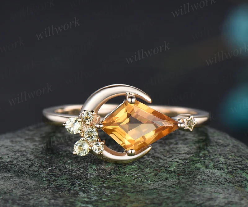 Leaf carved rings-Dainty Kite Cut Natural Citrine Ring Unique Natural Peridot Cluster Star Moon Wedding Ring 14k Yellow Gold November Birthstone Yellow Crystal Promise Ring