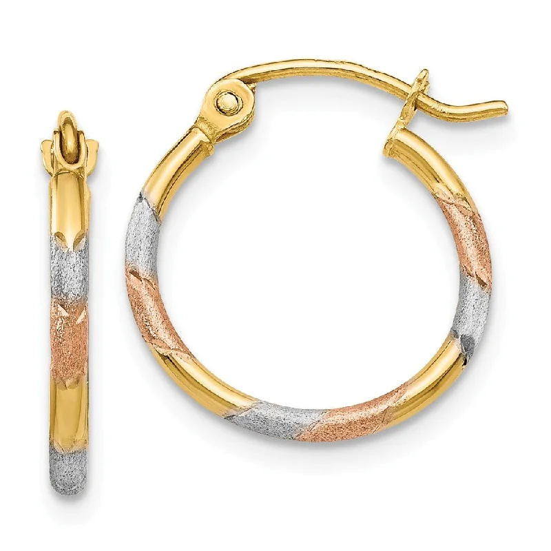 Fine gold earrings-1.5mm, Tri-Color Round Hoops in 14k Yellow Gold and Rhodium, 15mm