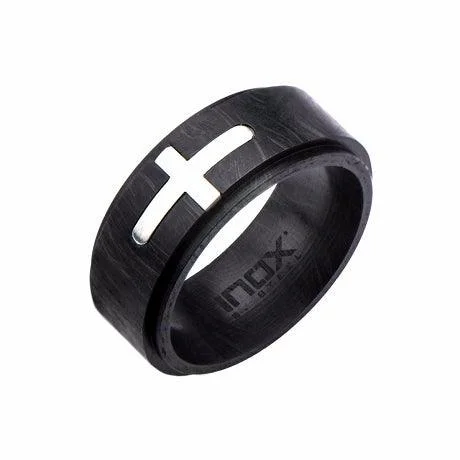 Full moon rings-Men's Stainless Steel Cross Inlayed in Solid Carbon Graphite Ring-8mm