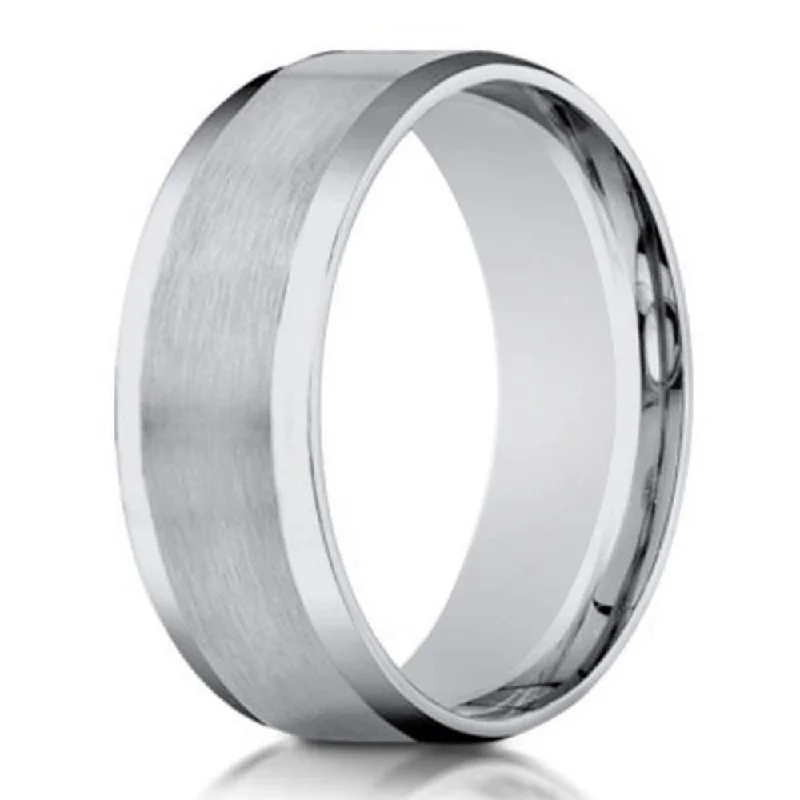 Etched band rings-Men's 18K White Gold Designer Wedding Ring, Polished Edges | 8mm