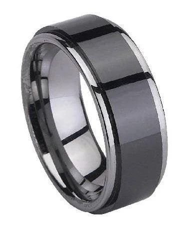 Tiny wing rings-Tungsten Black Ceramic-Coated Ring with Polished Edges | 8mm