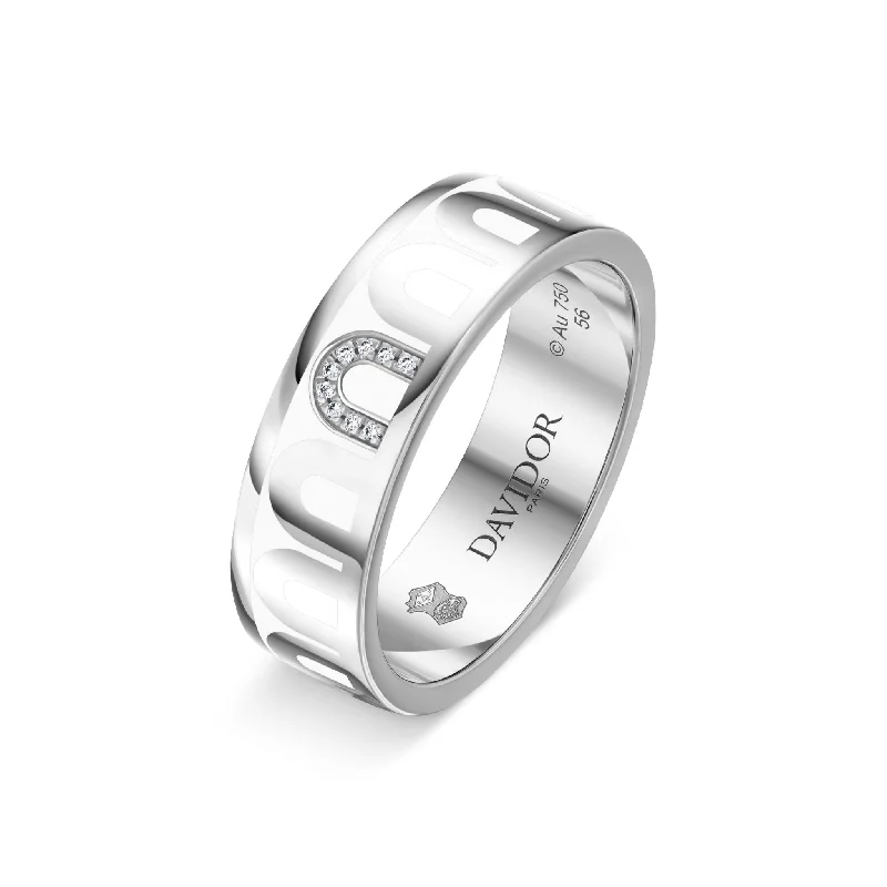 Woven bead rings-L’Arc de DAVIDOR Ring MM, 18k White Gold with Neige Lacquered Ceramic and Porta Simple Diamonds