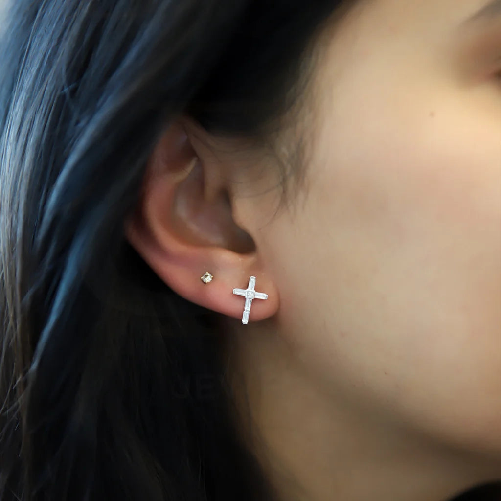 Glazed clay earrings-Sterling Silver 925 Cubic Zirconia Cross Shaped  Earrings - FKJERNSL8006