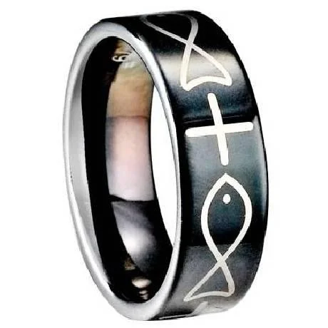 Wicker style rings-Cross and Fish Tungsten Ring -8mm